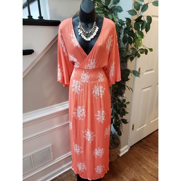 Oddi Long Maxi Dress Women's Size 2XL Orange Smocked Waist V Neck Kimono Sleeve - Picture 1 of 15